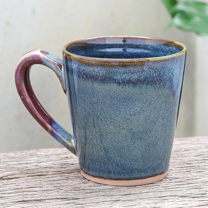 NOVICA Artisan Handmade Ceramic Mug Blue Red Thailand Tableware Dinnerware Cups [3.9in H x 5.5in W x 3.7in D 13 Oz.] 'Shoreline'
