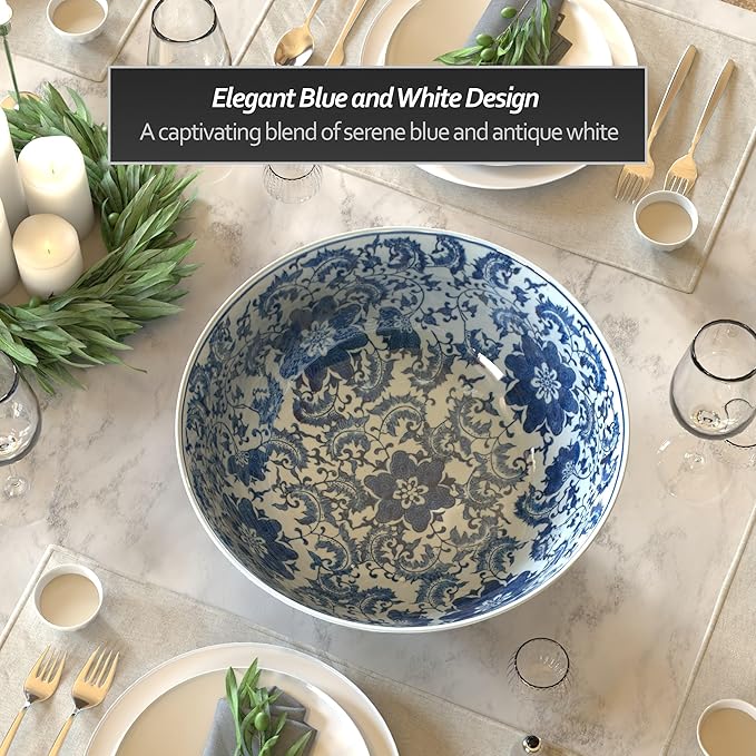 Red Lantern 14" Floral Blue & White Porcelain Bowl Vase for Centerpiece in Kitchen Dining Living Room Bedroom with Boho Eclectic Modern Contemporary Classic Traditional Style Decor