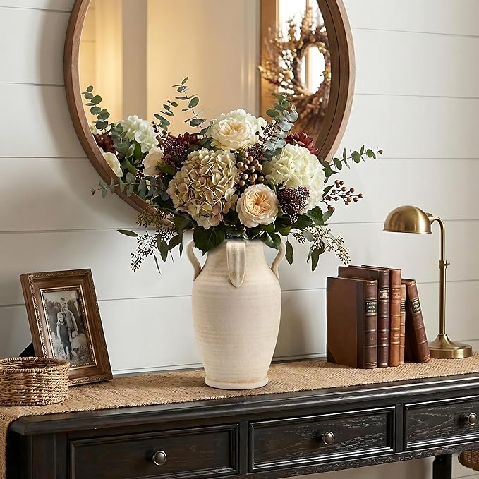 Emotionally Grounded Vase, Vaseking Large Ceramic Rustic Vase with 4 Handles, 10.83 inch Minimalist Decorative Farmhouse Tall Vases for Home Decor, Living Room, Enterway, Table Decoration, White