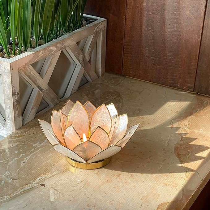 White Capiz Shell Lotus Flower Small Tealight Decorative Candle Holder Home Decor