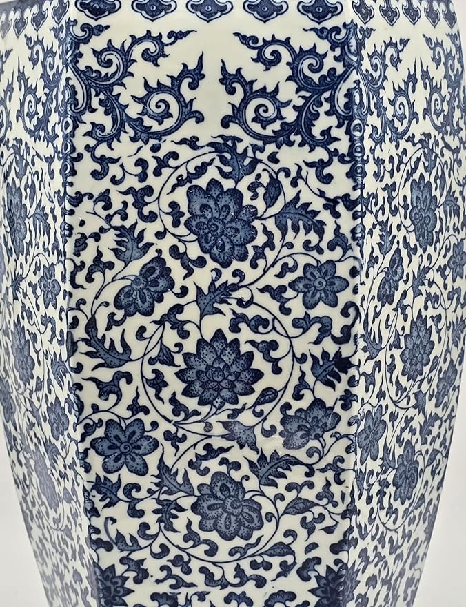 24" Classic Blue and White Hexagonal Lotus Porcelain Vase, Ceramic Vase Jingdezhen, China Qing Style （D8）