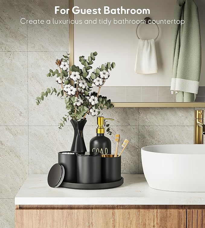 Black Bathroom Accessories Set with Tray, 6pcs Matte Black Bathroom Accessory Sets, Glass Soap Dispenser and Toothbrush Holder Set, Qtip Holder, Ceramic Flower Vase, Black Bathroom Set Decor,