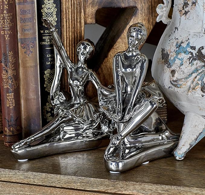 Deco 79 Porcelain Ceramic Dancer Decorative Sculpture Home Decor Statues, set of 2 Accent Figurines 6" x 3" x 7", Silver