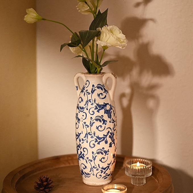 VICTOR & TERESA Blue and White Floor Vase for Pampas Grass, 11'' Tall Vase for Home Decor, Ceramic Farmhouse Decorative Large Vases for Flower, Mantel, Living Room, Shelf, Centerpieces, Gift for Mom