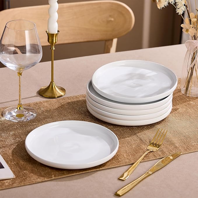 Ceramic Appetizer Plates Set of 6,White Dessert Plates 8 Inch,Small Dinner Plates,Modern Round Salad Plates,Porcelain Serving Dishes for Pasta,Snack,Bread,Dessert,Sushi Microwave & Dishwasher Safe
