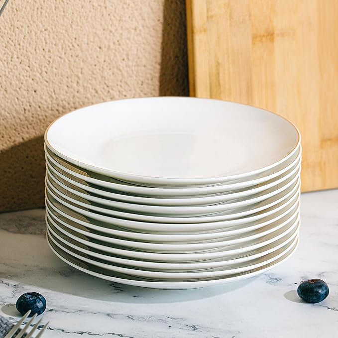 BTaT- White Dessert Plates with Gold Rim, Set of 6, 8" Round, Porcelain, Elegant Style, Dinner Plates