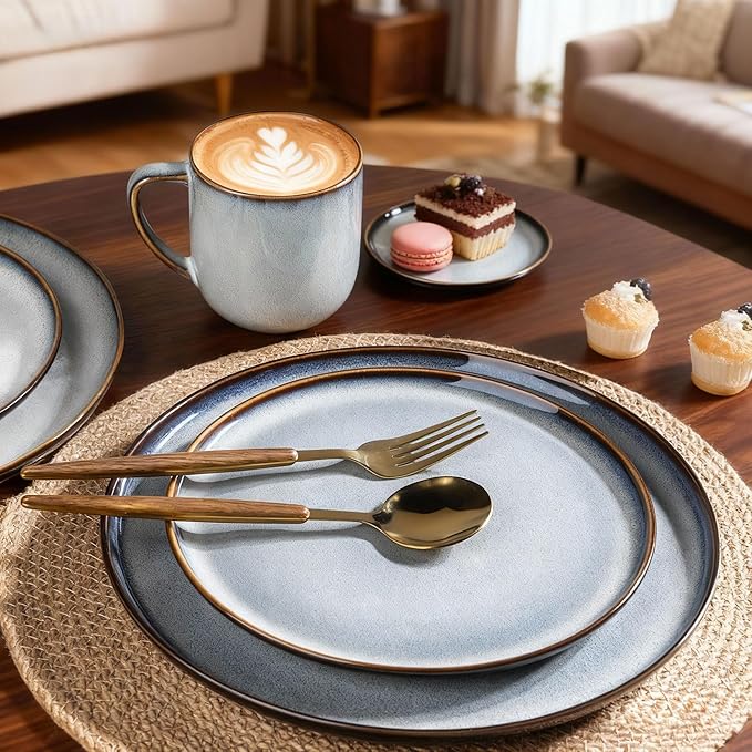 LERATIO Ceramic Dinnerware Sets for 4,16-PieceReactive Glaze Plates and Bowls Set with Mugs,Highly Chip and Crack Resistant | Dishwasher,Microwave & Oven Safe Dishes set-Gray White