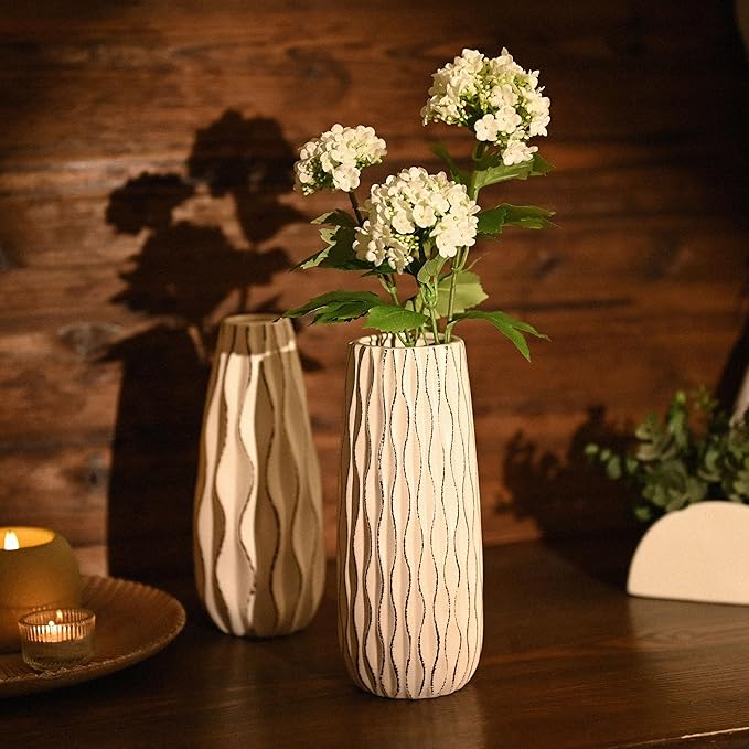 VICTOR & TERESA Ceramic Vase for Flowers, 10'' Set of 2 Decorative White Vases for Home Decor, Farmhouse Vases for Pampas Grass, Table, Mantel, Living Room, Shelf, Centerpieces, Gifts for Her