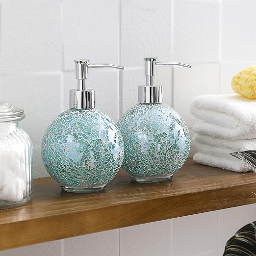WHOLE HOUSEWARES | Glass Mosaic Hand Soap Dispenser for Bathroom | Lotion Bottle for Kitchen, Bathroom with Chrome Plated Plastic Pump |14 Ounce Set of 2 (Turquoise)
