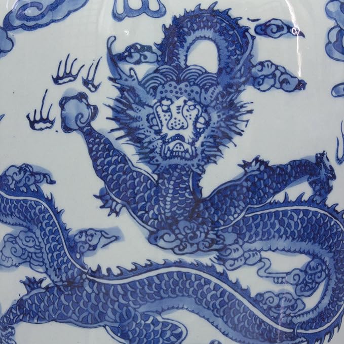 Red Lantern 14" Dragon Blue & White Porcelain Tung Chi Vase