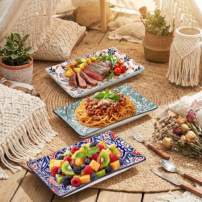 Goaste 6 Pack Ceramic Rectangular Dessert Plates, 8.5 Inch Colorful Salad Plates Set, Porcelain Serving Platter Trays for Appetizer, Sushi, Fruit, Cake, Microwave Oven Dishwasher Safe, Assorted Colors