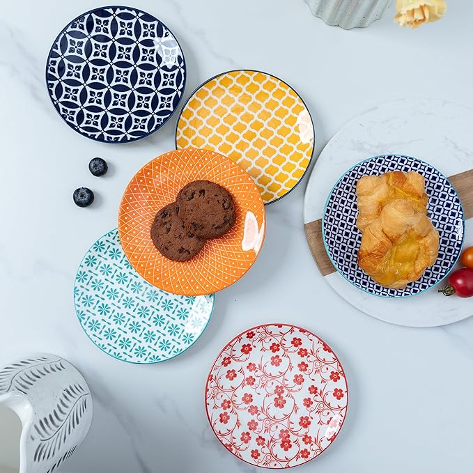 LEHAHA Ceramic Appetizer Plates Set of 6, Small Dessert Plates 6 inch, Colorful Round Salad Plate, Porcelain Serving Dishes for Cake, Waffle, Bread, Microwave & Dishwasher Safe