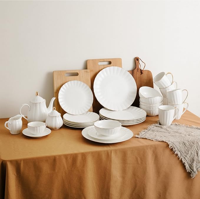 BTaT- White Dessert Plates, Set of 6, 8 inch, White Porcelain with Gold Trim, Small Plate, Small Appetizer Plates