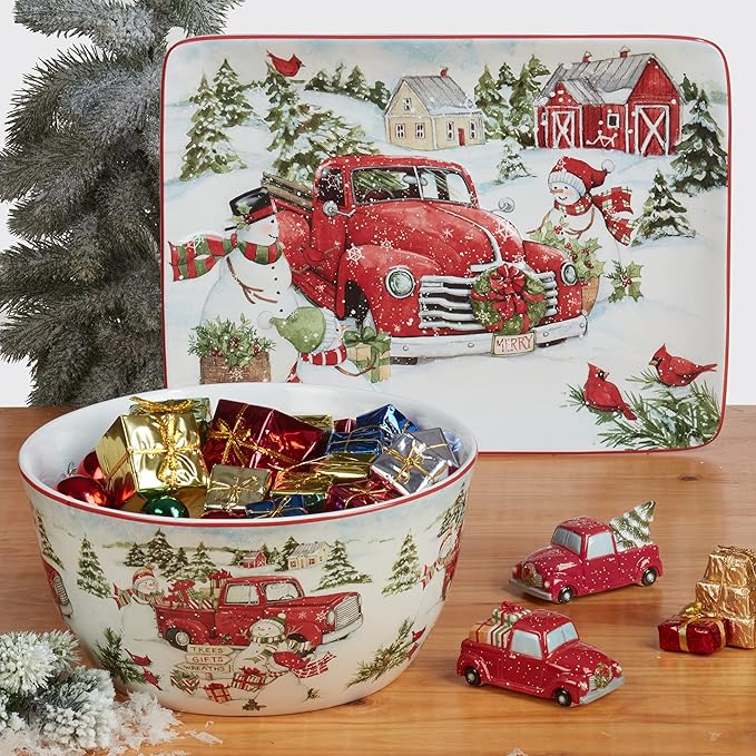 Red Truck Snowman 16pc Ceramic Dinnerware Set, Service for 4 – Bring holiday cheer to every meal with festive red trucks, snowmen, and trees, perfect for holiday gatherings and winter entertaining