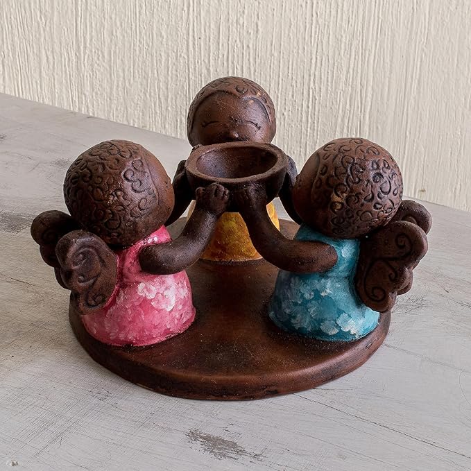 NOVICA Artisan Handmade Ceramic Tealight Candleholder Salvadoran Angel Multicolor Lamps Lighting Holders Natural Materials Painted [4.3in H x 7in W x 7in D] ' Angel Trio'