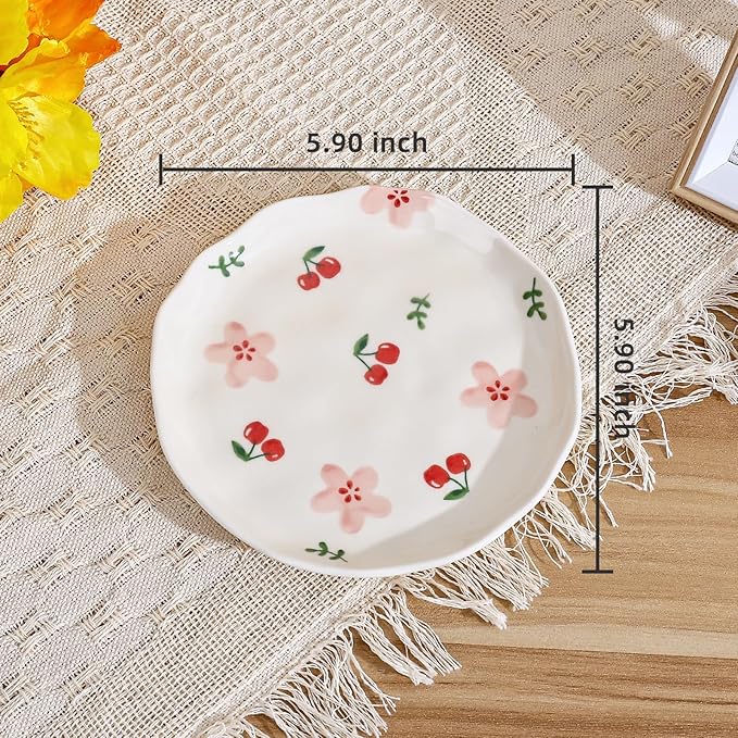 Koythin Ceramic Dessert Plates, Cute Fruits Dinner Plate, Creative Plates Design, Printed Flowers Dinnerware for Office and Home, Kitchen Plates for Desserts (Pink Cherry Flowers)