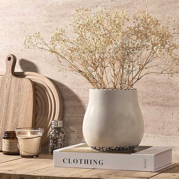 JIEMEI HOME Kitchen Utensil Holder for Kitchen Counter, 6.3" Ceramic Rustic Utensil Crock for Countertop, Farmhouse Cooking Tool Organizer, Spatula Holder For Kitchen Decor, Antique Cracked White