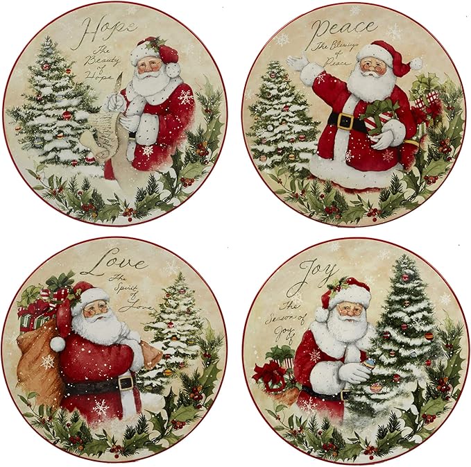 Holiday Wishes Christmas Salad Plates Set of 4 9 Inch Vintage Santa Ceramic Plates with Peace Love Joy Hope Festive Holiday Dessert or Appetizer Plates for Entertaining