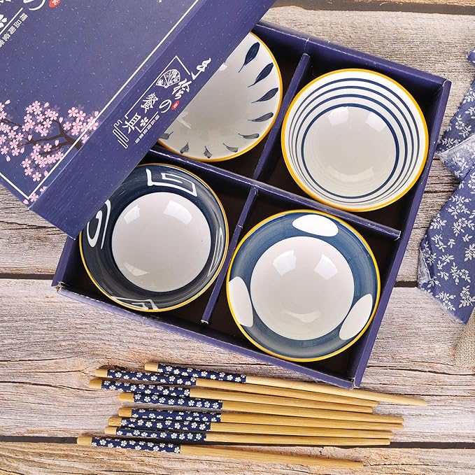 VanEnjoy Set of 4 Japanese Style Ceramic Rice Bowl with Chopsticks in Gift Box,Vintage Blue Hand Painted Pattern Bowls Set,Underglazed Dinnerware,For Dessert Snack Cereal Soup