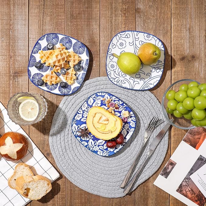 Selamica Porcelain Small Plates - 6 inch Dessert & Appetizer Plates, Microwave & Dishwasher Safe, Set of 6, Vintage Blue