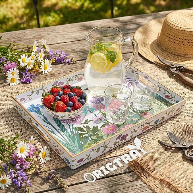 Serving Tray with Handles, Rectangular Plastic Tray 15.75x11.81 Inch, Wildflower, Butterflies & Hummingbirds Style Decorative Tray for Kitchen, Dining Table, Vanity, Office & Home