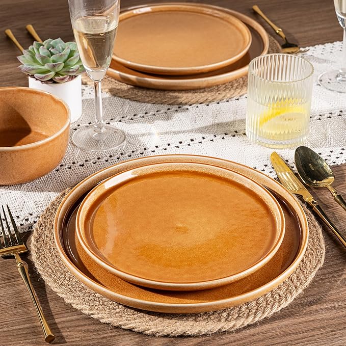 GBHOME Ceramic Dinnerware Sets for 6, 18 Pieces Stoneware Plates and Bowls Sets, Scratch Resistant Dishes, Dishwasher & Microwave Safe, Reactive Glaze-Amber