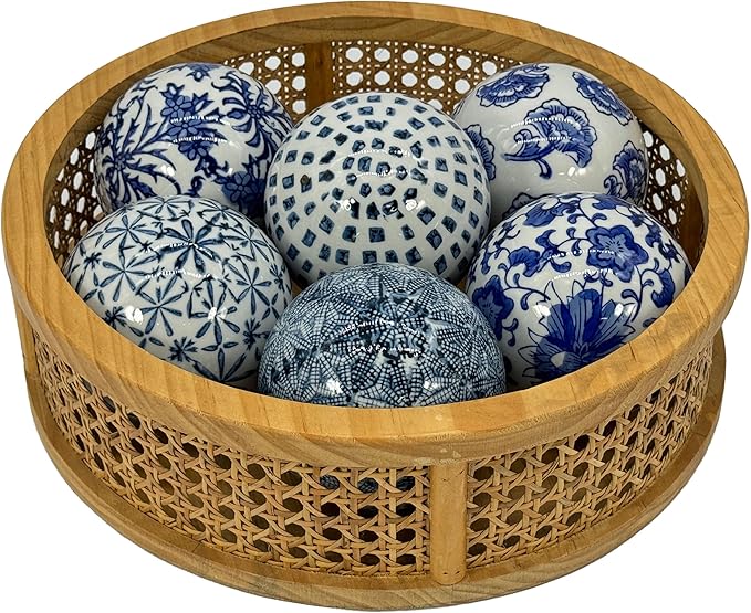 Galt International 4" Diameter Blue & White Floral Chinoiserie Ceramic Ball (Set of 3) Style 1| Decorative Ball Vase Bowl Filler