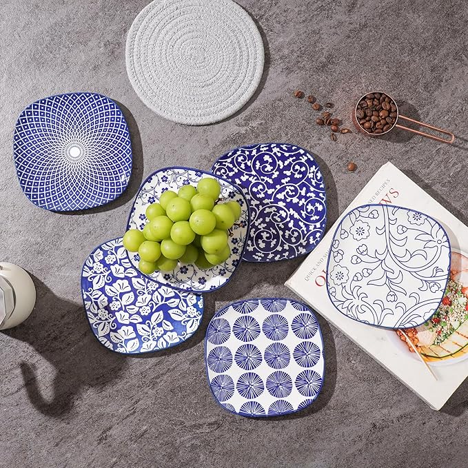 Selamica Porcelain Small Plates - 6 inch Dessert & Appetizer Plates, Microwave & Dishwasher Safe, Set of 6, Vintage Blue
