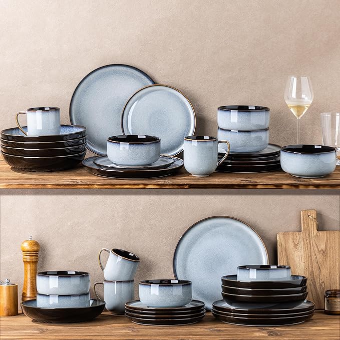 LeRATIO Ceramic Dinnerware Set of 4, Poreclain Plates, Bowls, Handmade Reactive Glaze Dishes, Chip Resistant, Oven & Dishwasher Safe, Service for 4-Gray White