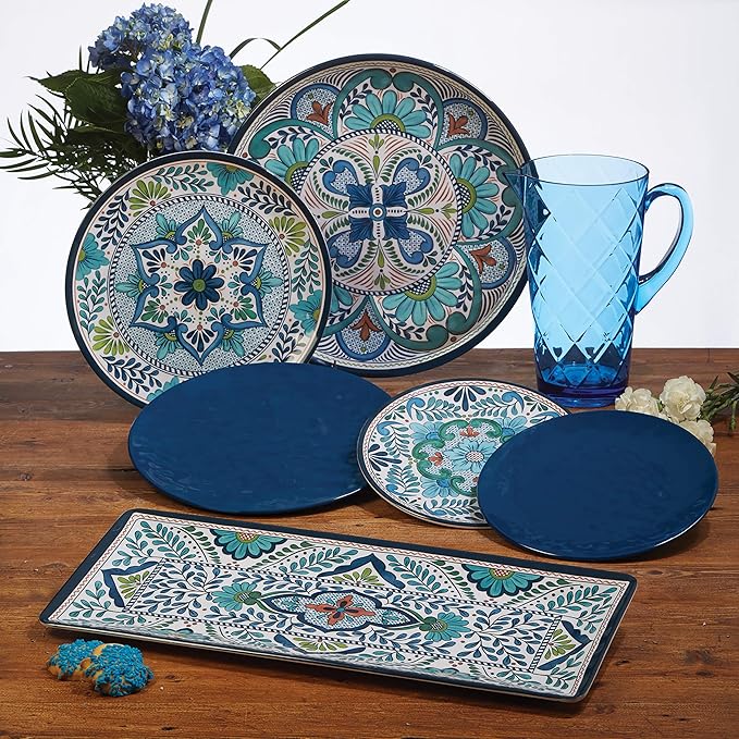 Talavera Melamine Platter Set of 2, Multicolor Decorative Serving Trays for Outdoor Entertaining, Mediterranean-Inspired 100% Melamine Oval & Round Platters for BBQ, Tacos, Tapas & More