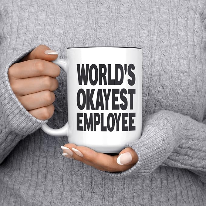 Artisan Owl World's Okayest Employee Mug - 15oz Large Ceramic White Funny Coffee Cup with Black Interior for Boss, Coworker & Manager - Office Humor & Employee Appreciation Present