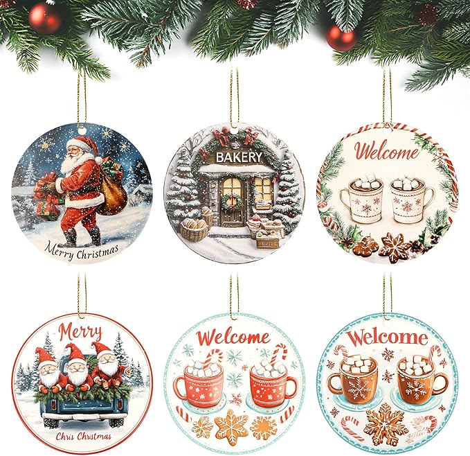 6pcs Christmas Hanging Ornaments Set,3.4" Santa Claus Ornaments Ceramic Hanging Ornaments for Christmas Tree Decoration Winter Holiday Xmas Decorations,Keepsake Gifts for Family