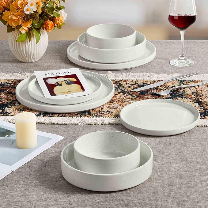 Herogo 7.9 Inch Dinner Plates Set of 6, Small Stoneware Dessert Plate Set, Microwave Safe Ceramic Dinnerware for Serving, Oven & Dishwasher Safe, Speckled White