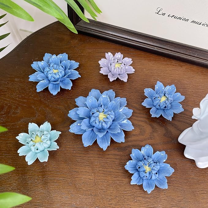 CEUYGT Handmade Ceramic Wall Flower Decor - Peony Home Wall Art, Perfect for Living Room, Bedroom, or Office Decoration (Dark blue, Large)