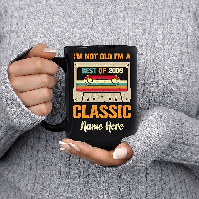 PREZZY I'm Not Old I'm a Classic Best of 2009 14th Birthday Gifts Vintage Cassette Tapes Collection Coffee Mug 14 Year Old Birthday Decorations for Men Women Dad Mom Personalized Mug 11oz 15oz Black