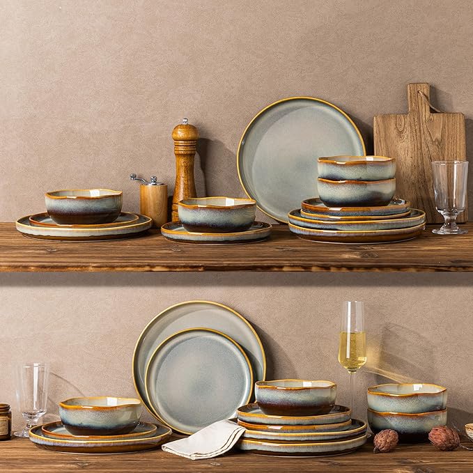 TheTerra Ceramic Dinnerware Sets for 6, 18 Pieces Handmade Reactive Glaze Plates and Bowls Sets, Scratch Resistant Dish Set, Oven & Microwave & Dishwasher Safe, Brown Blue