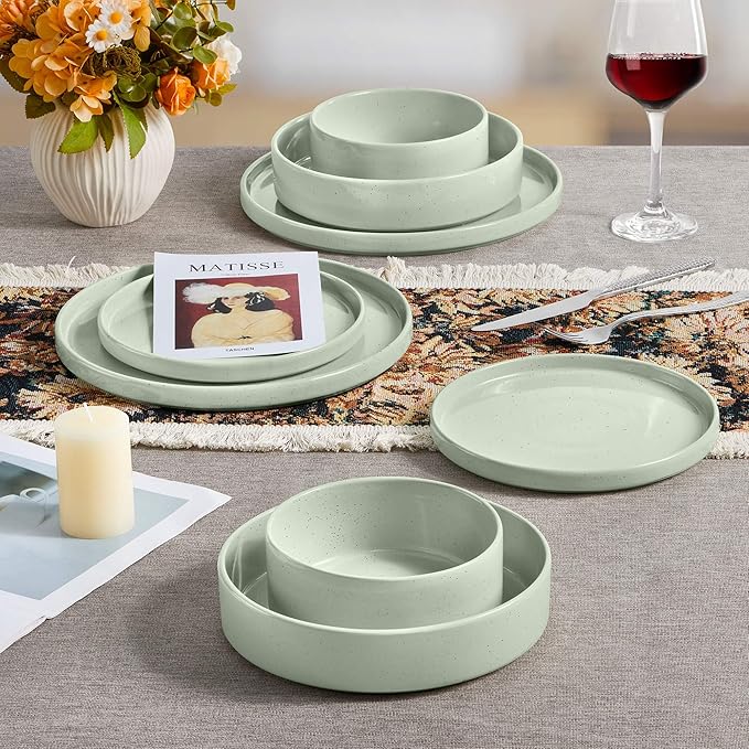 Herogo 6 Piece 7.9 Inch Dinner Plates Set, Small Salad Dessert Plate Set, Microwave Safe Stoneware Dinnerware for Serving, Oven & Dishwasher Safe, Speckled Light Green