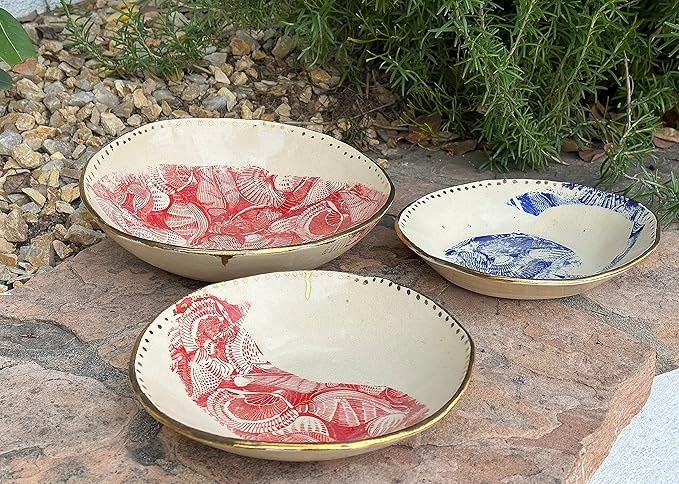 Red Gold and Blue Pasta or Salad Bowl Set for Two with Seashell Design, Handmade Dinnerware, Artisan Tableware, Gifts for Couples, Newlyweds, Housewarming