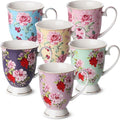 BTaT- Coffee Mugs, 12 oz, Set of 6, Floral Mugs, Porcelain Bone China, Coffee Cups