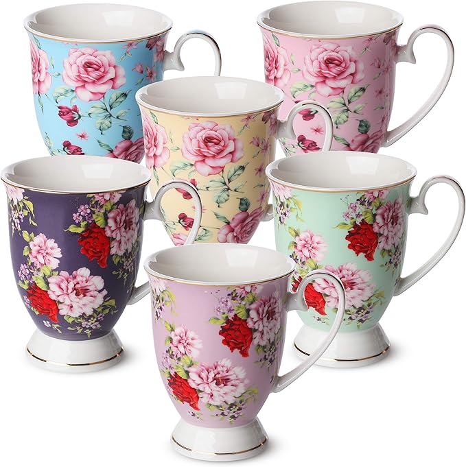 BTaT- Coffee Mugs, 12 oz, Set of 6, Floral Mugs, Porcelain Bone China, Coffee Cups