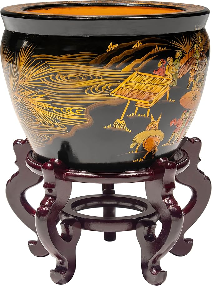 Red Lantern 16" Black Lacquer Fishbowl - Ching Ming