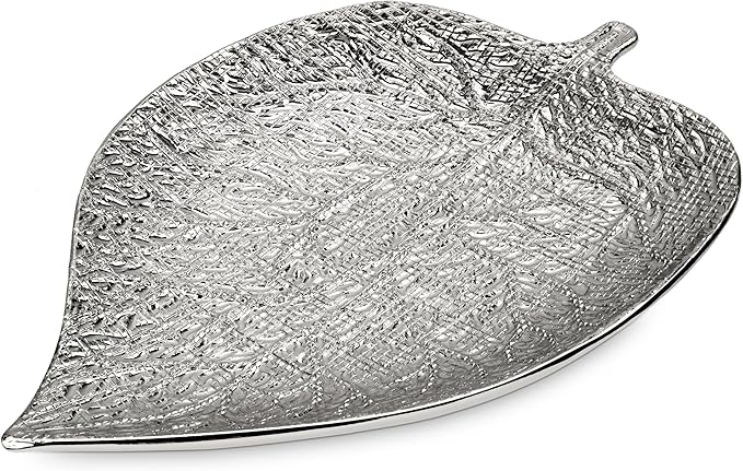 Oversized Leaf-Shaped Ceramic Jewelry Tray, 12.6" Large Decorative Tray Silver Vanity Trays for Rings, Necklaces, Keys, Gifts for Mom, Coffee Table Decor, Entryway Table Trays, 1 Pack