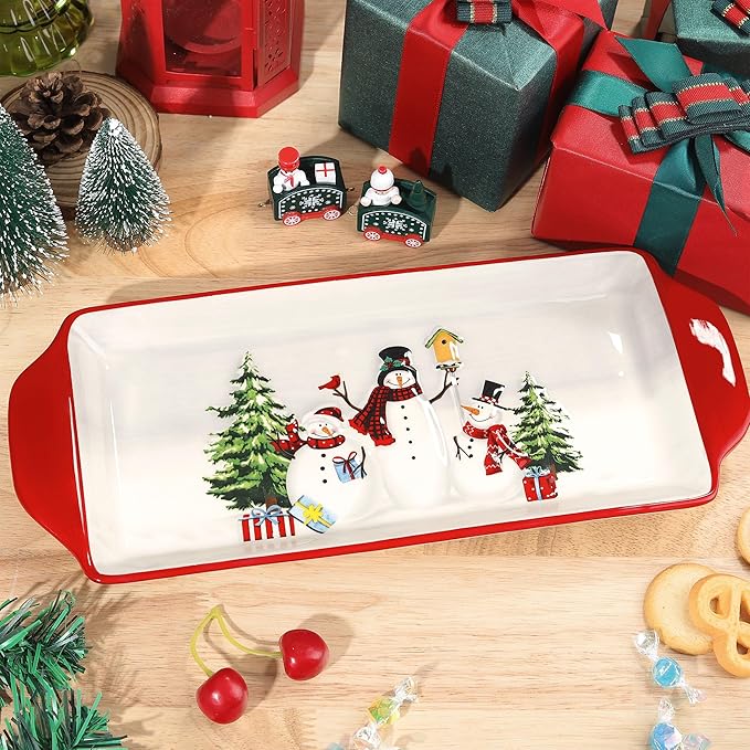 Joeyan Christmas Ceramic Dinner Plates,13.9" Xmas Serving Plate Dishes with Festive Holiday Snowman and Tree Patterns,Dinnerware for Dessert Salad Appetizer,Microwave and Dishwasher Safe