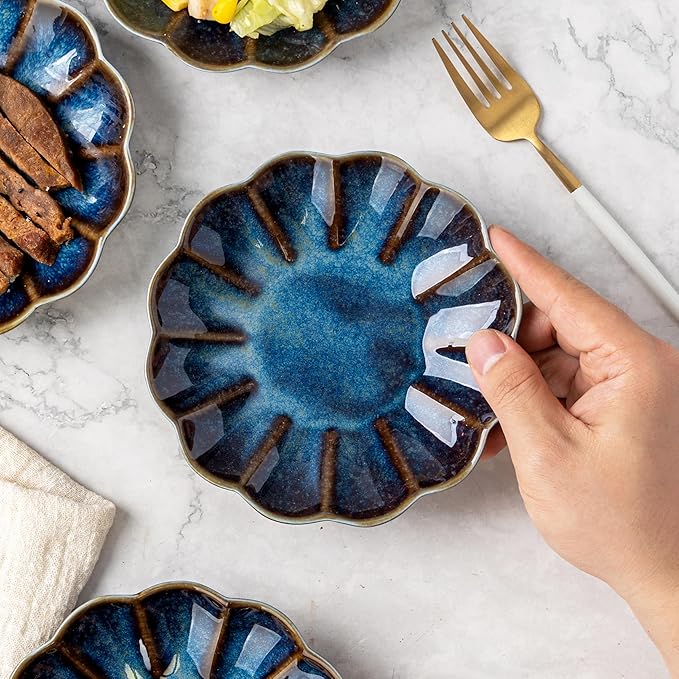 Small Dessert Plates Set of 4,Ceramic Dinner Plates 5.7 Inch for Appetizer, Fruits, Cake, Salad,Microwave Safe,Christmas Gift,Flambe Blue