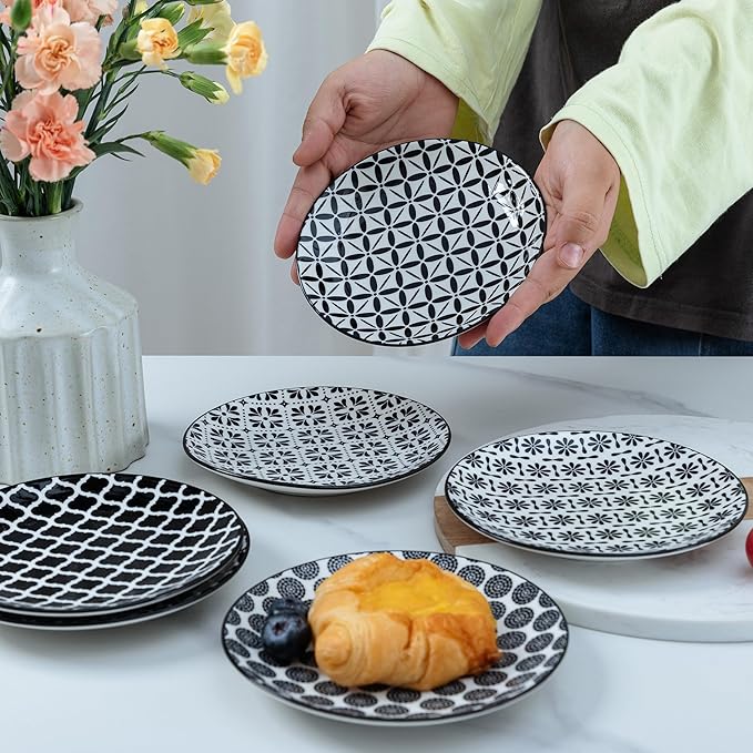 LEHAHA Ceramic 6'' Appetizer Plates Set of 6, Small Dessert/Salad Plates, Black Round Serving Plates, Porcelain Dinnerware Dishes for Cake, Waffle, Pasta,snacks, cookie, Microwave & Dishwasher Safe