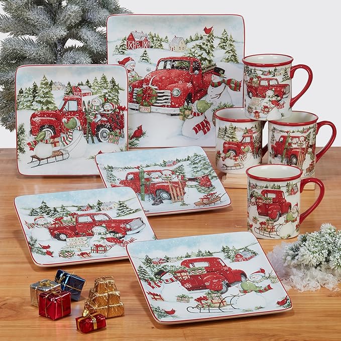 Red Truck Snowman 16pc Ceramic Dinnerware Set, Service for 4 – Bring holiday cheer to every meal with festive red trucks, snowmen, and trees, perfect for holiday gatherings and winter entertaining
