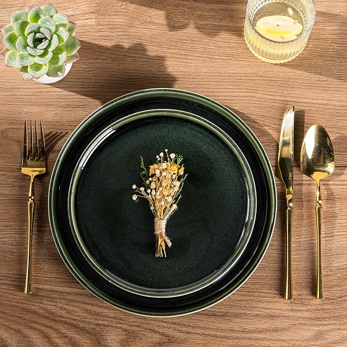 GBHOME Ceramic Dinnerware Sets for 8, 24 Pieces Stoneware Plates and Bowls Sets, Reactive Glaze Dishes -Scratch Resistant, Dishwasher&Microwave Safe, Earth Green