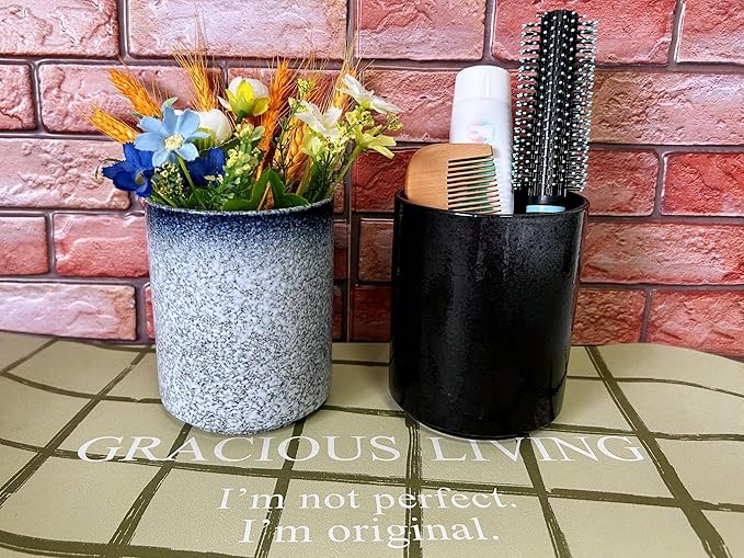 Short Kitchen Utensil Holder for Kitchen Counter, Ceramic Small Utensil Crock & Vase & Holder for Cutlery Spatula Brush Silverware Cooking Utensil Holder (Matte Black)