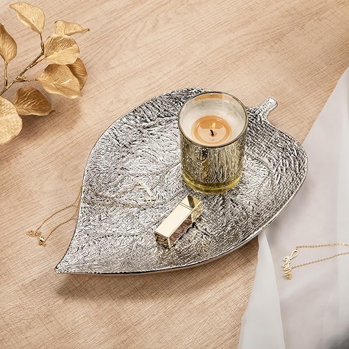 Oversized Leaf-Shaped Ceramic Jewelry Tray, 12.6" Large Decorative Tray Silver Vanity Trays for Rings, Necklaces, Keys, Gifts for Mom, Coffee Table Decor, Entryway Table Trays, 1 Pack