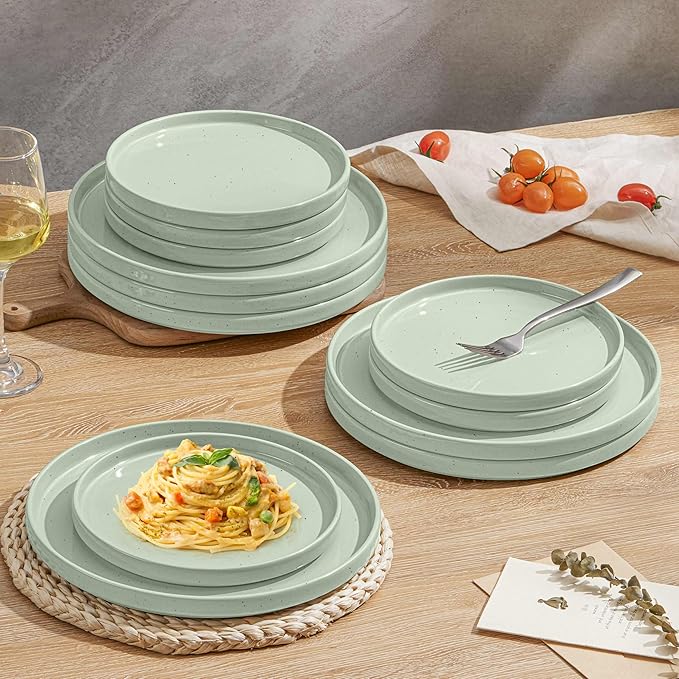 Herogo 6 Piece 7.9 Inch Dinner Plates Set, Small Salad Dessert Plate Set, Microwave Safe Stoneware Dinnerware for Serving, Oven & Dishwasher Safe, Speckled Light Green